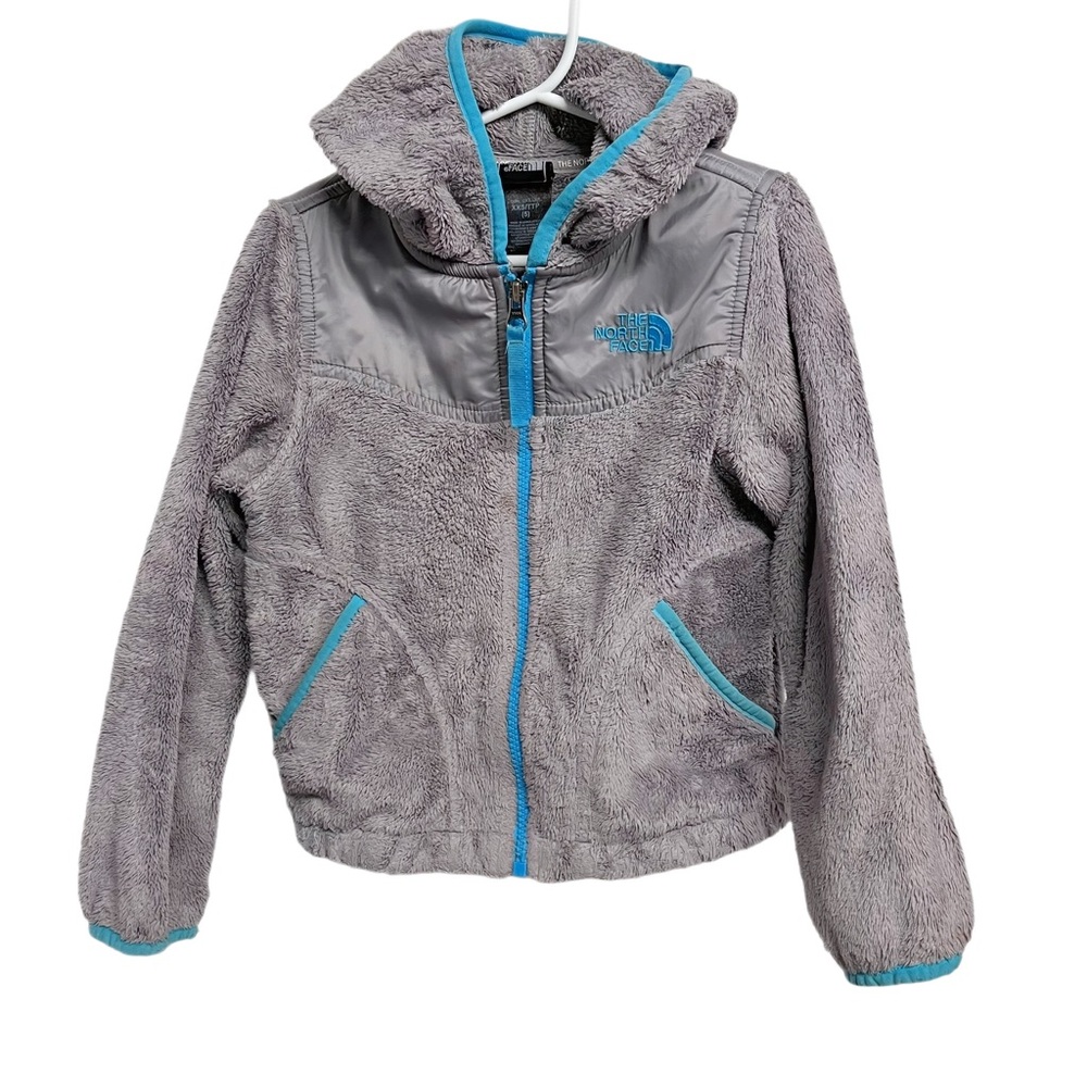 The North Face Kids Gray Fleece Jacket Blue Trim Zipper Hood Pockets Sz 5
